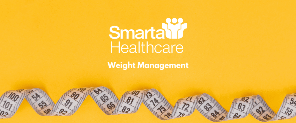 Photo of a measuring tape set on a yellow background. Representing Smarta Healthcare's Weight Management services